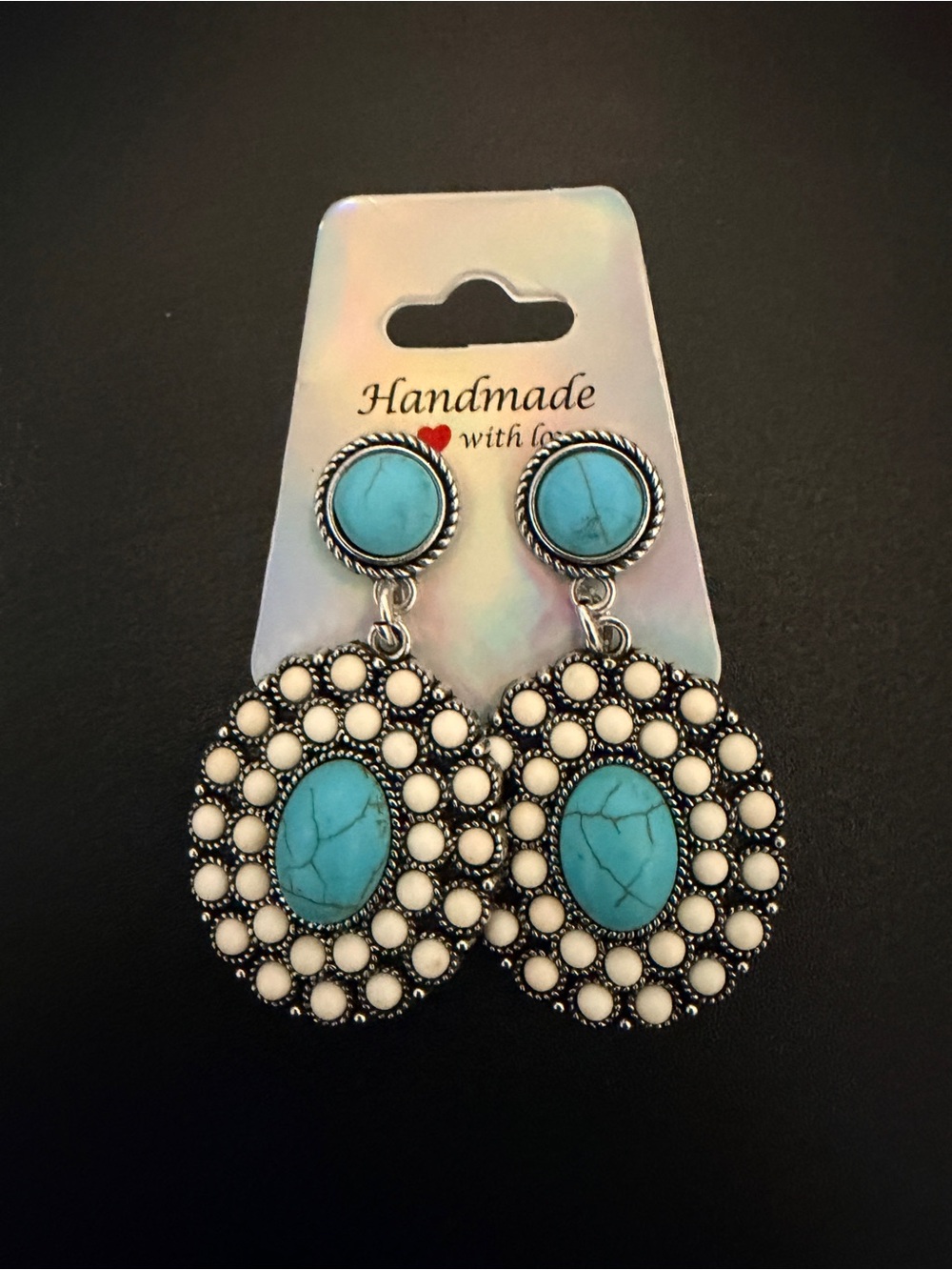 Handmade Turquoise & White Beaded Drop Earrings - Handmade